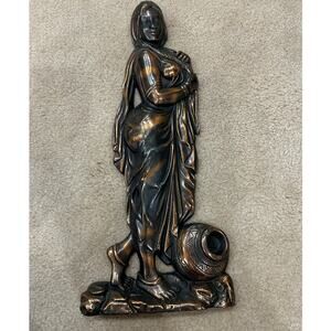 Vintage Indian woman wall plaque relief art Matka water carrier bronze tone